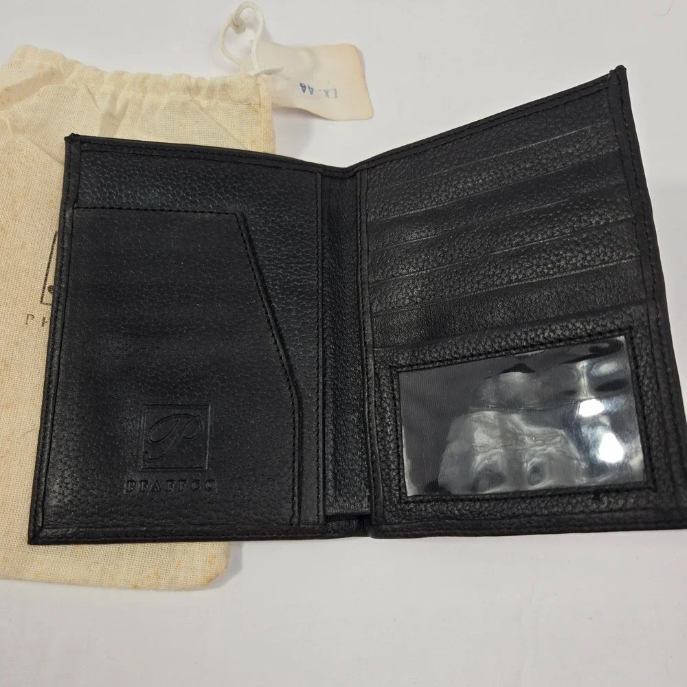 Vintage Pfaffco Vachetta Black Pebbled Leather Bifold Wallet with Dust Bag